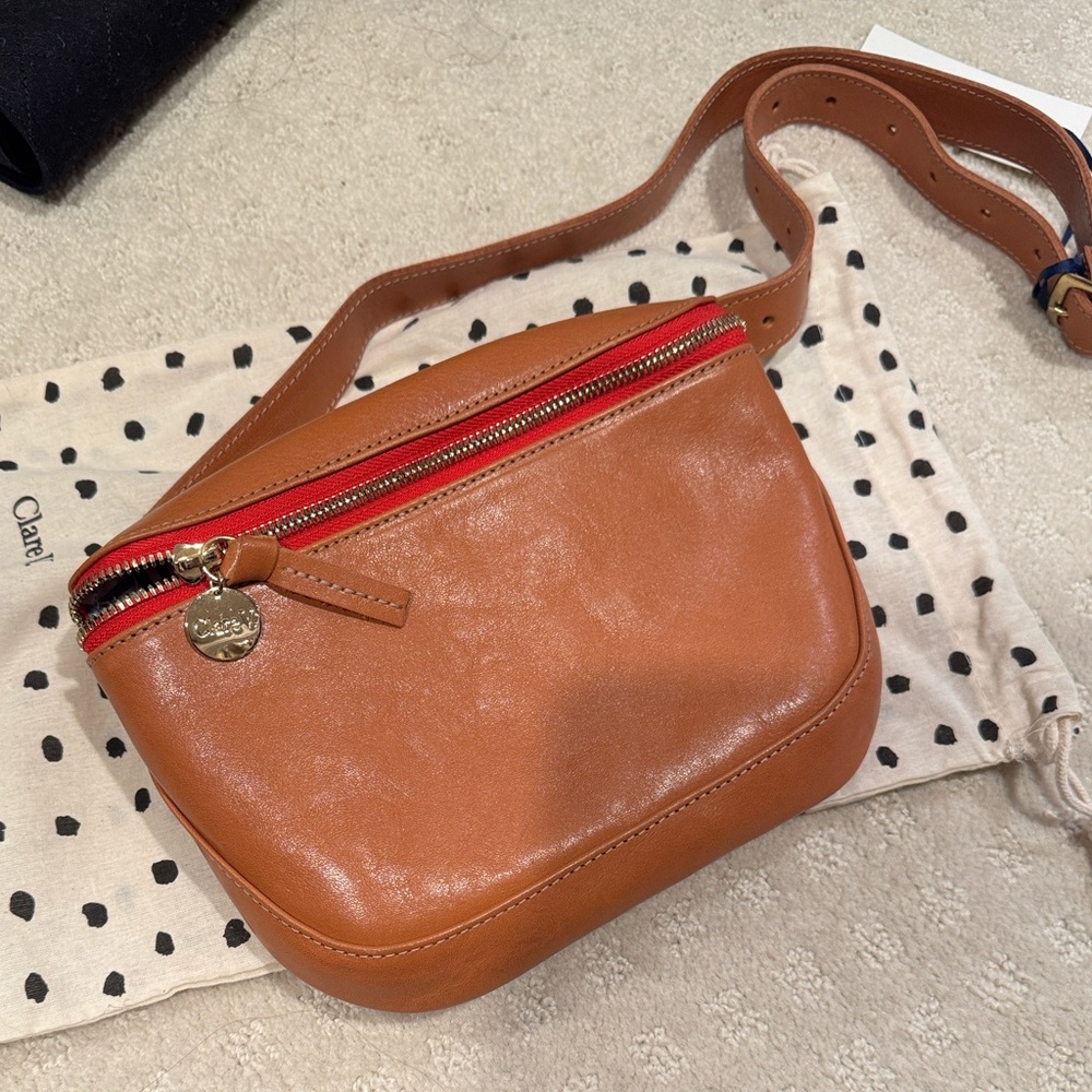 Clare V Tan Leather Fanny Pack with Red Zipper
